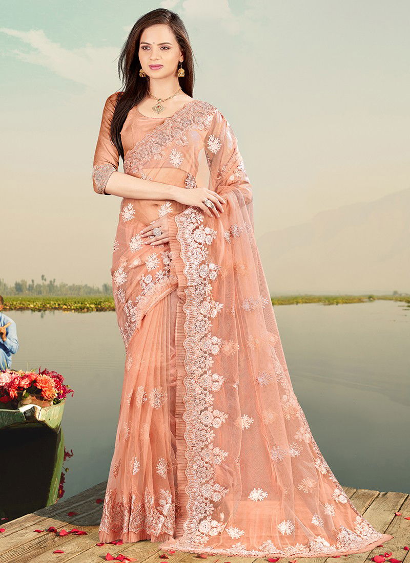 Nari Fashon Latest Fancy Festive Wear Heavy Resham Coding With Silver Jari Emberoidery Work With Frill Border Designer Net Saree Collection 